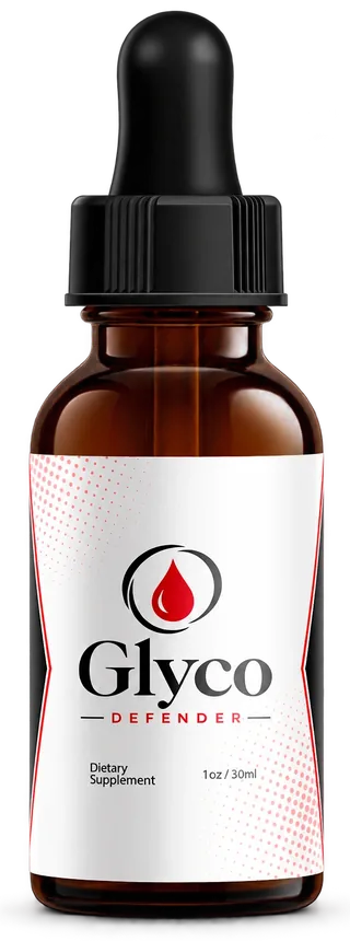 One amber Glyco Defender dropper bottle with a black bulb and a white label showing a red drop in a black ring