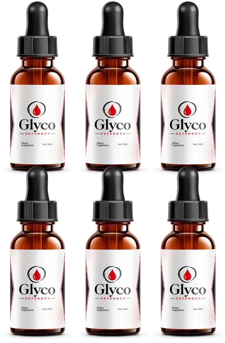 6 amber Glyco Defender dropper bottles with the white, red and black label
