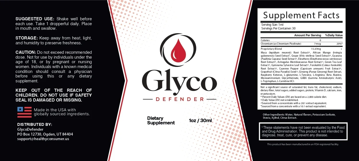 The flat Glyco Defender label: suggested use, storage, caution and distributor on the left; the Glyco Defender logo, Dietary Supplement and 1oz / 30ml in the middle; Supplement Facts on the right