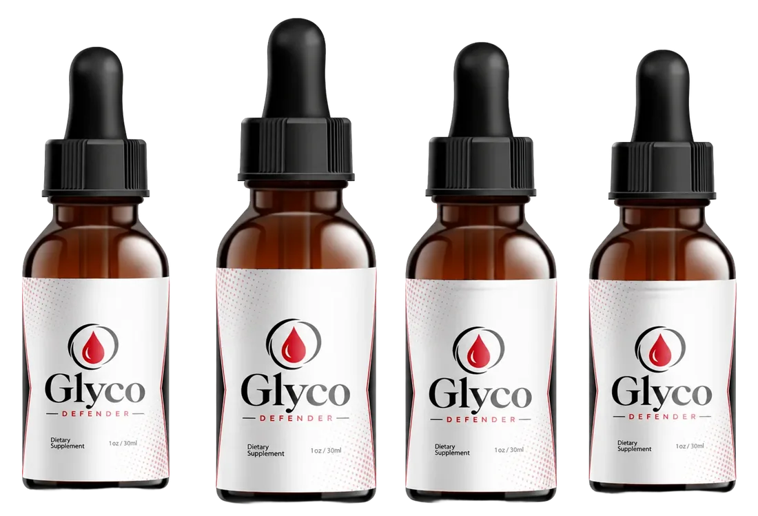 Four amber Glyco Defender dropper bottles standing in a row
