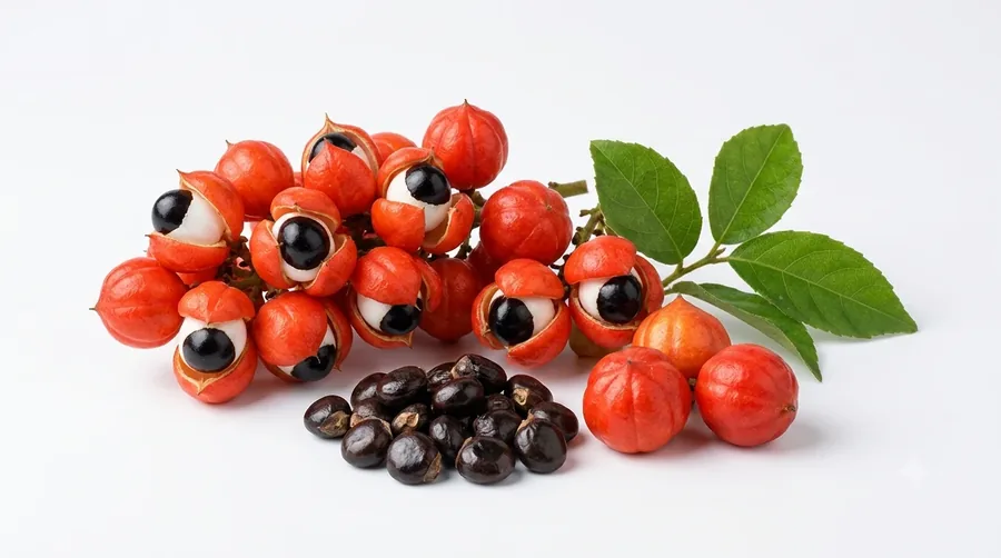 Red guarana fruits split open to show black seeds, with dark seeds below
