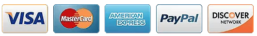Payment logos: Visa, Mastercard, American Express, PayPal and Discover